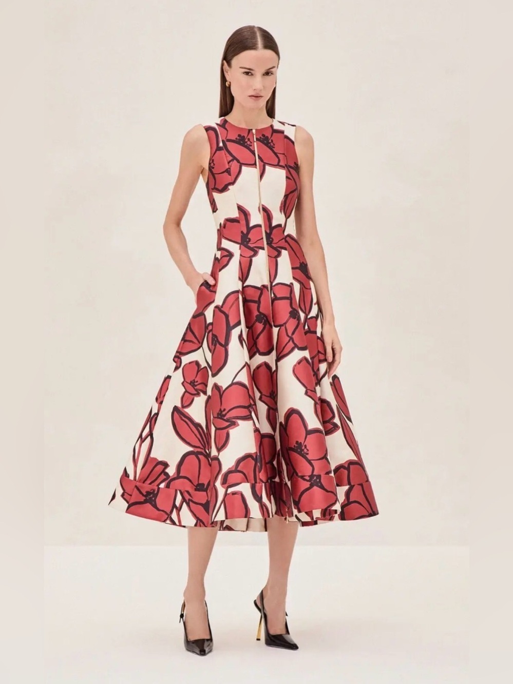 ALEXIS Lazaro Floral Midi Dress in Rust Petal/Red Sz S